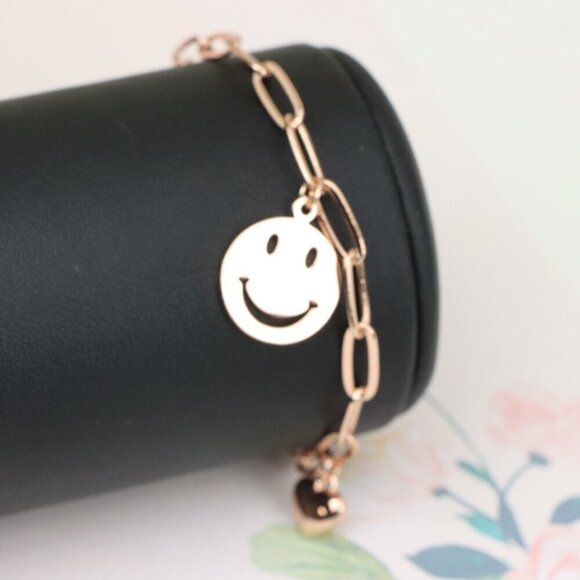 "Rose Gold Smiley Charm Bracelet with Heart Dangles, XPBL1149 - Picture 1 of 12